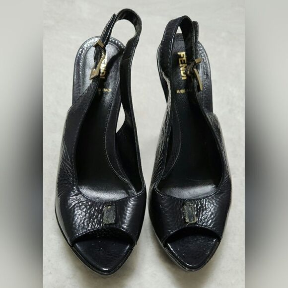 Fendi 37 Black Heels Pumps Platform Slingback Peep Toe Shoes - Picture 1 of 13